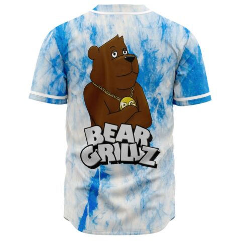 Back view of blue tie dye Bear Grillz jersey with bear mascot wearing gold chain