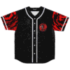 Rave baseball jersey front view with black starfield print, red tiger stripe sleeves, portal graphic
