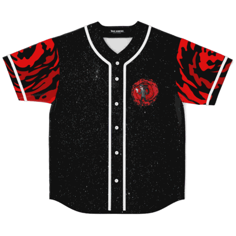 Rave baseball jersey front view with black starfield print, red tiger stripe sleeves, portal graphic