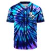 Blue spiral tie-dye baseball jersey front view with white horned logo on chest
