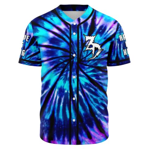 Blue spiral tie-dye baseball jersey front view with white horned logo on chest