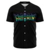 Black rave baseball jersey with dripping HALLOWEEN text and bat silhouette front view