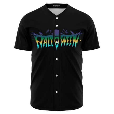Black rave baseball jersey with dripping HALLOWEEN text and bat silhouette front view