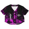 Magenta smoke swirl Slander fan rave crop top with SLANDER text and diamond eye logo, front view