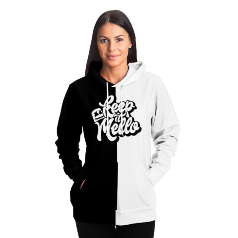 front view of split color rave hoodie with Keep It Mello lettering on woman