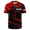 Red and black swirling marble print baseball jersey front view with spiked logo text
