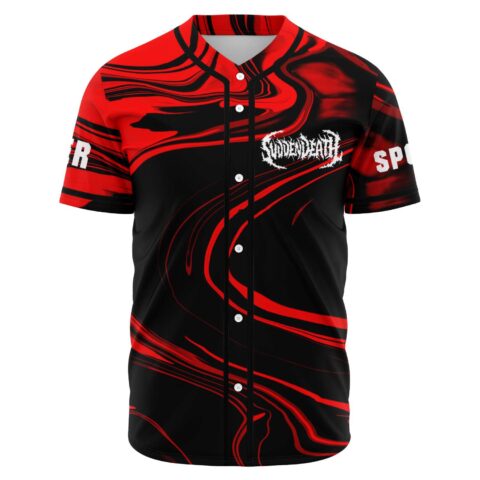 Red and black swirling marble print baseball jersey front view with spiked logo text