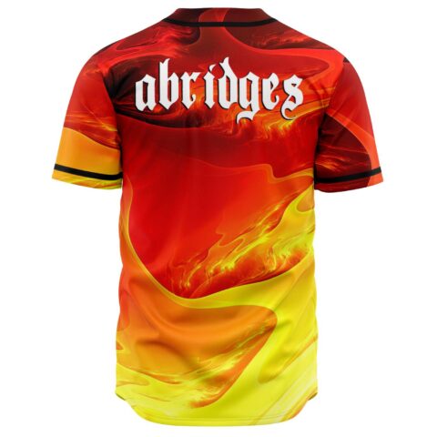 Back view of fire swirl rave baseball jersey showing abridges lettering across shoulders