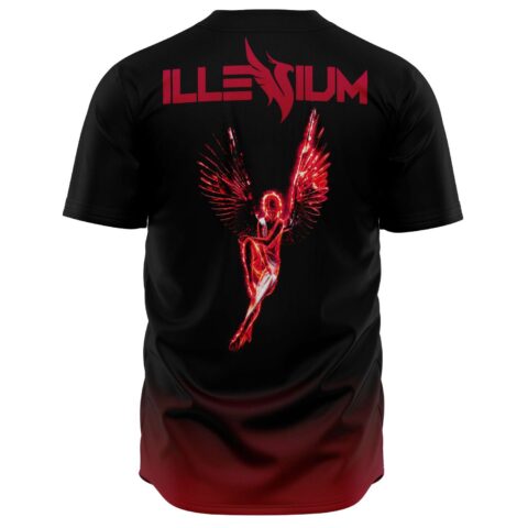 black to red ombre jersey back view with fiery winged angel graphic and Illenium text