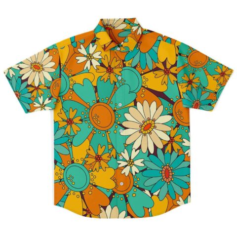 Front view of the colorful sunflower rave button-down shirt