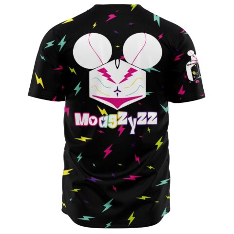 Back view of black lightning bolt jersey with mouse ears graphic and MoasZyzz text