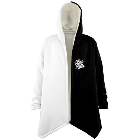 open front cloak split black and white with keep it mello chest print