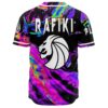 Back view of oil-slick rainbow jersey with RAFIKI text and white lion head graphic