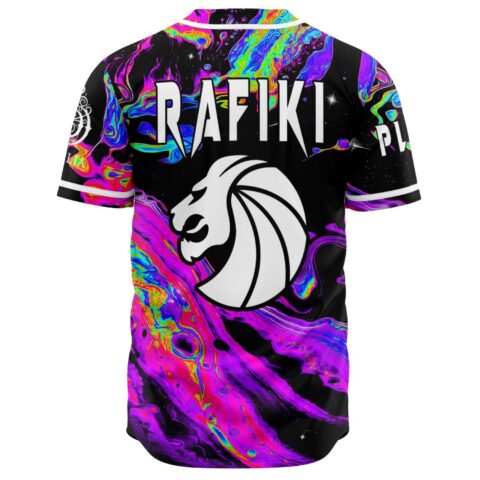 Back view of oil-slick rainbow jersey with RAFIKI text and white lion head graphic