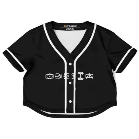 Black crop top custom jersey front view with symbols and buttons