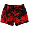 Red black abstract liquid pattern shown on back of swim trunks