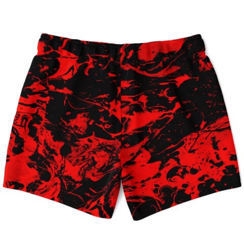 Red black abstract liquid pattern shown on back of swim trunks