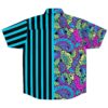 Back view of the split neon paisley rave button-down shirt laid flat