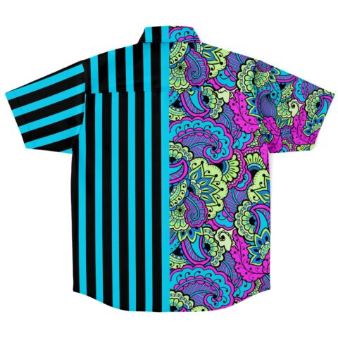 Back view of the split neon paisley rave button-down shirt laid flat