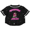 Back view of black colorful starry rave crop top with vibrant graphic and character