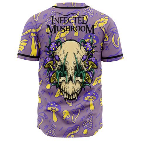 Back view showing fanged skull surrounded by mushrooms and Infected Mushroom text on lavender pattern