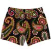 Back view of black paisley swim trunks showing bold mandala and teardrop pattern