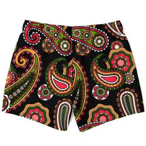 Back view of black paisley swim trunks showing bold mandala and teardrop pattern