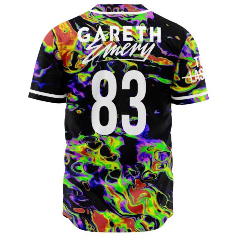 Black psychedelic rave jersey back view with number 83 and Gareth Emery text