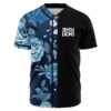 Blue rose baseball jersey with black half featuring Seven Lions logo front view