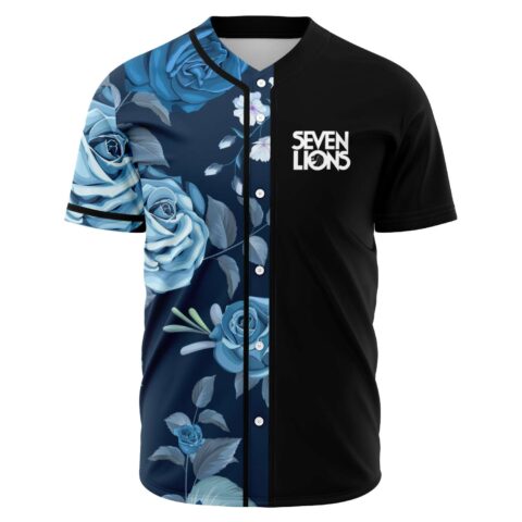 Blue rose baseball jersey with black half featuring Seven Lions logo front view