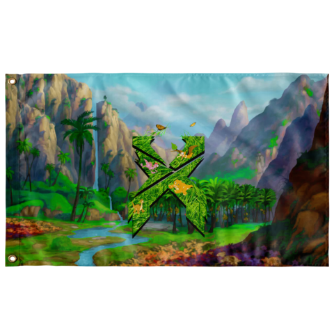 Green fantasy jungle rave flag with grassy X logo amid palm cliffs and waterfalls