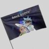 Close-up angled view of rave flag on pole showing dilated eye reflections and neon smoke