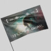 Close-up angle of the rave flag waving showing sparks and smoke design