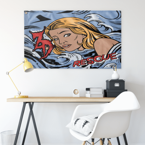 Light blue comic pop rave flag above a desk with yellow lamp and white chair