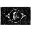 Black rave flag with cosmic girl and alien circular Lucii badge on starry speckled print
