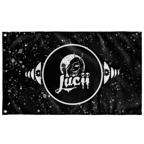 Black rave flag with cosmic girl and alien circular Lucii badge on starry speckled print