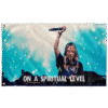 Teal rave flag showing DJ raising microphone with On A Spiritual Level text