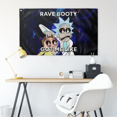 Cartoon scientist rave flag above desk showing neon swirl print and bold white text