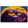 Purple retro 80s rave flag with sunglasses frog face and neon palm tree sunset print