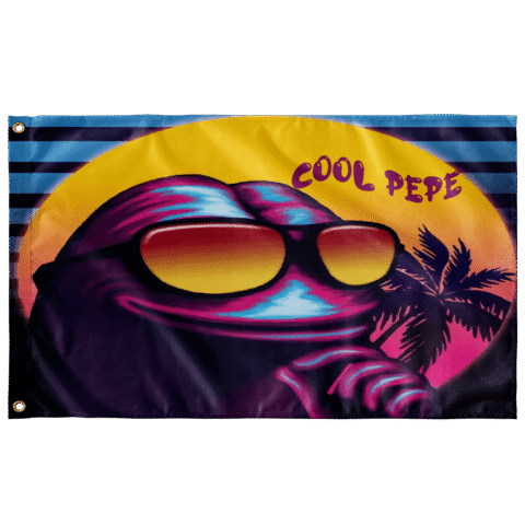 Purple retro 80s rave flag with sunglasses frog face and neon palm tree sunset print