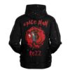 Close-up back view of red swirling portal design with cartoon figure between Space Mom