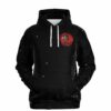Front view of black starry hoodie with small red portal graphic and white drawstrings