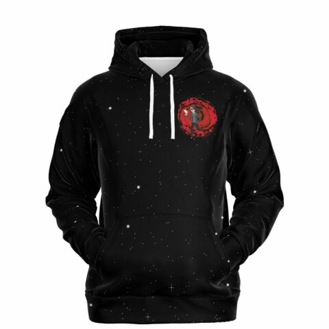 Front view of black starry hoodie with small red portal graphic and white drawstrings