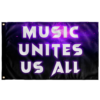 Black galaxy rave flag with purple nebula print reading Music Unites Us All