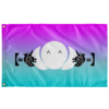Purple to teal ombre rave flag with cartoon-style kaomoji face flanked by dragon heads