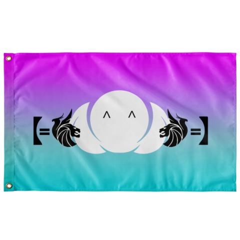 Purple to teal ombre rave flag with cartoon-style kaomoji face flanked by dragon heads