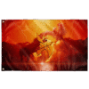 Fiery orange rave flag with lightning storm and phoenix versus horse fantasy scene