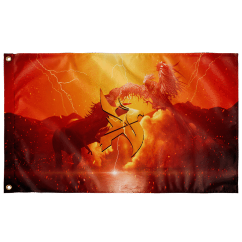 Fiery orange rave flag with lightning storm and phoenix versus horse fantasy scene