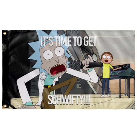 Cartoon scientist singing into microphone, flag reads 'time to get schwifty', next to keyboard-playing sidekick