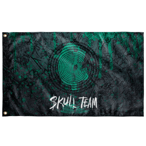 Green concentric spiral rave flag with cracked texture and Skull Team text, flat view
